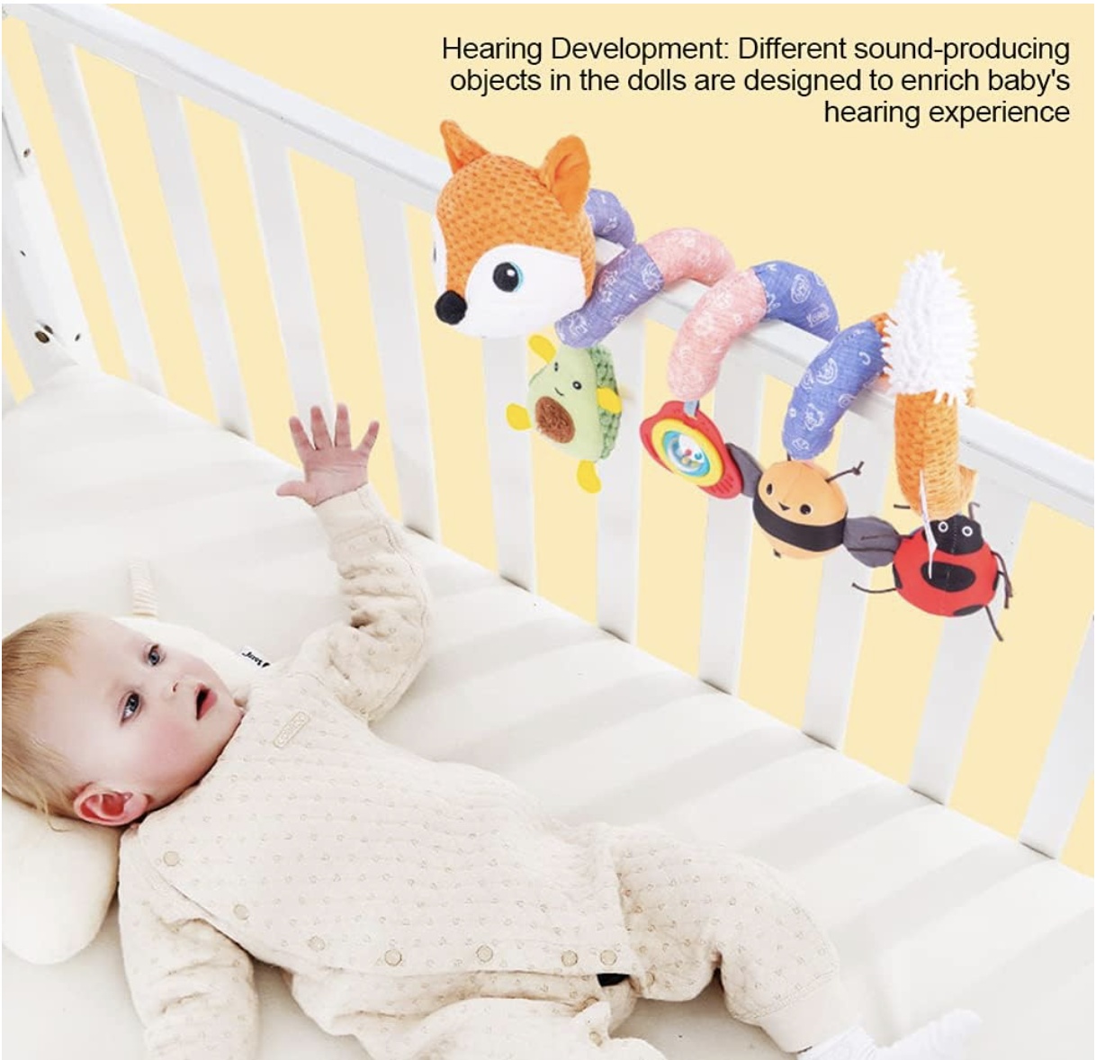 Jucarie bebe muzicala zornaitoare Vulpita multicolora pentru patut, carucior - 2 | YEO
