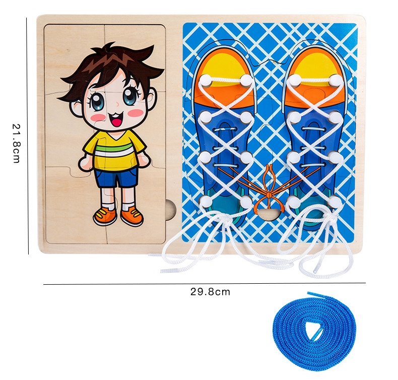 Jucarie Montessori 2 in 1, Puzzle baietel si Invata Sa Legi Sireturile, bleu - 1 | YEO