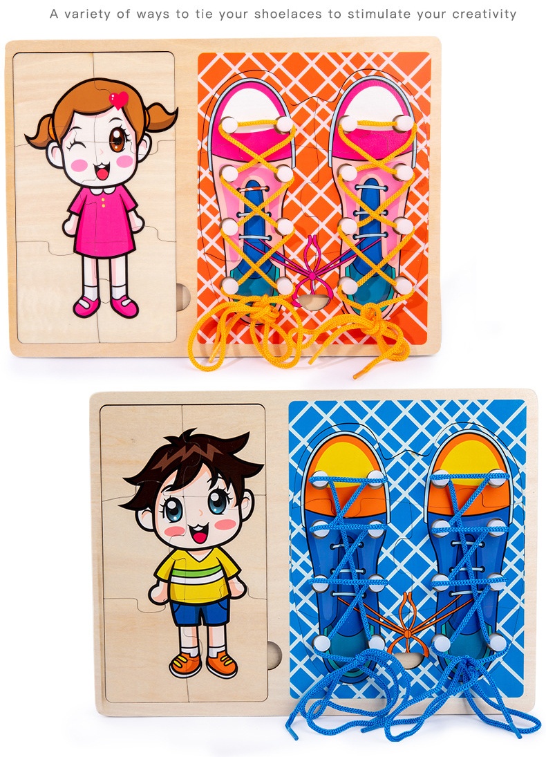 Jucarie Montessori 2 in 1, Puzzle baietel si Invata Sa Legi Sireturile, bleu - 3 | YEO