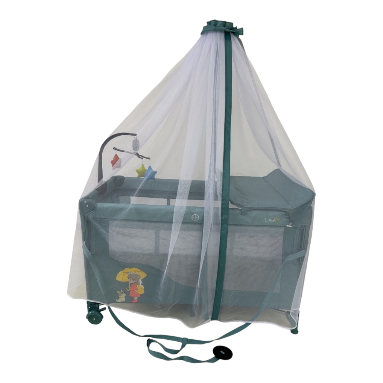 Patut cu saltea de infasat, cu doua nivele, baldachin si carusel P01 verde - 1 | YEO
