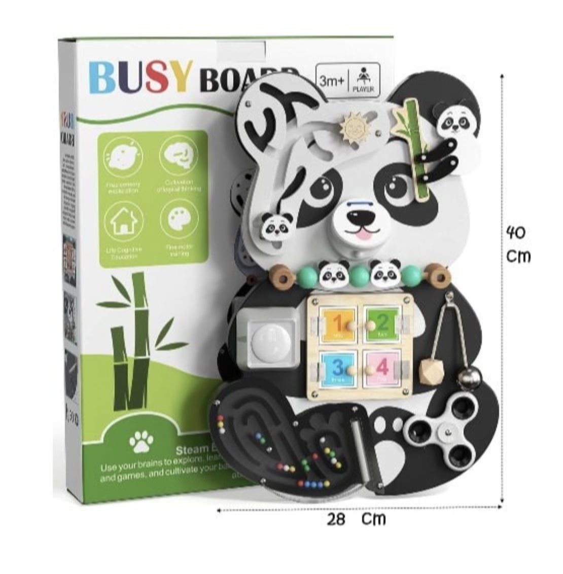 Placa Montessori Busy Board 12 activitati Panda, din lemn - 1 | YEO