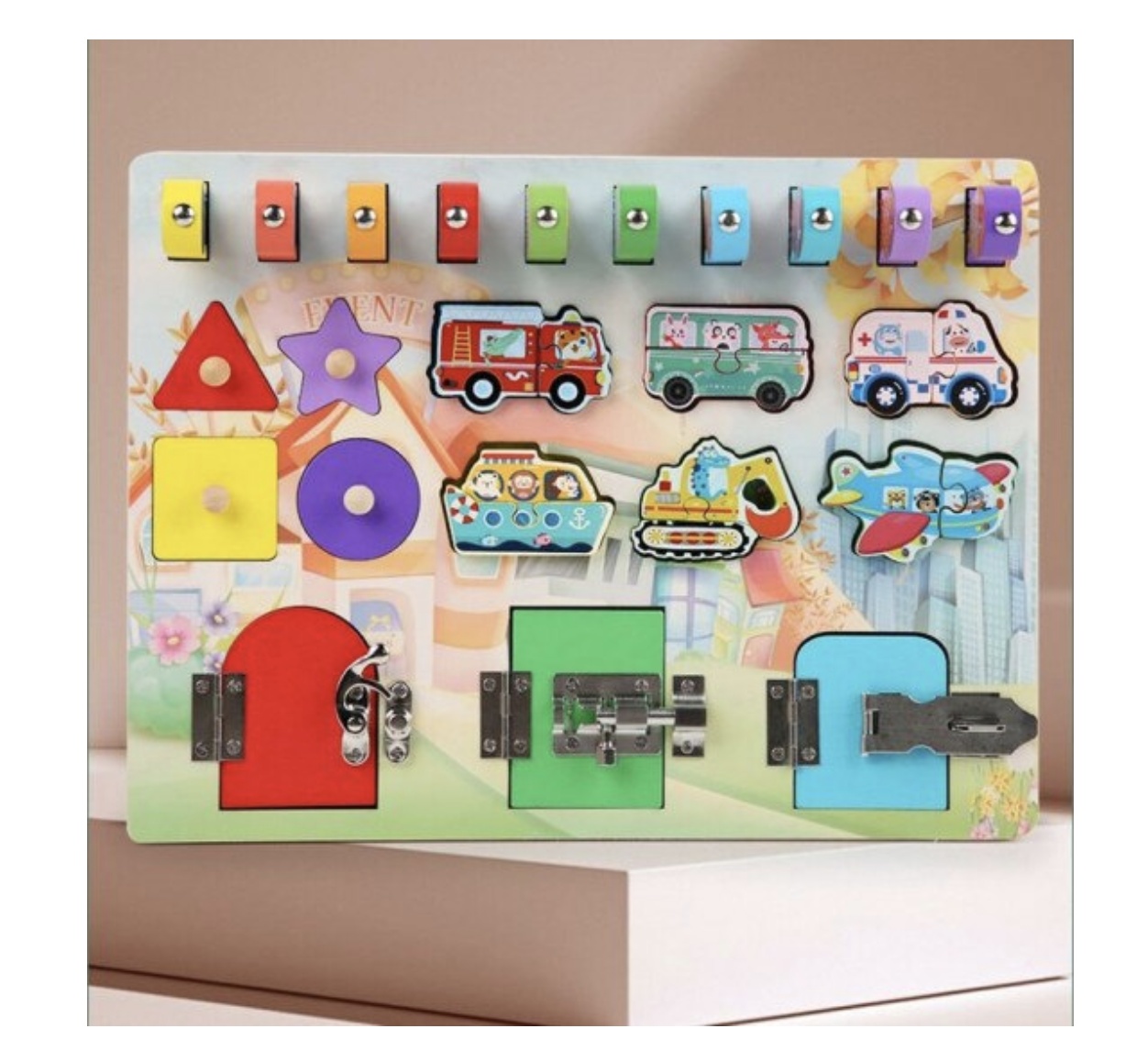Plansa multifunctionala Busy Board cu lacate, incastru si de pescuit, din lemn - 1 | YEO