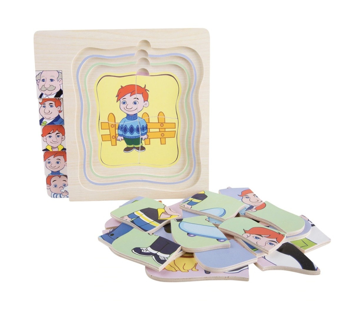 Puzzle in 5 straturi, Etapele vietii de la baietel la bunic, din lemn - 3 | YEO