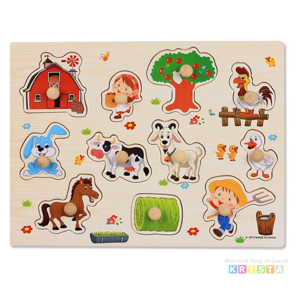 Puzzle Incastru Din Lemn Cu Animale Domestice Cu Buton Si Imagini