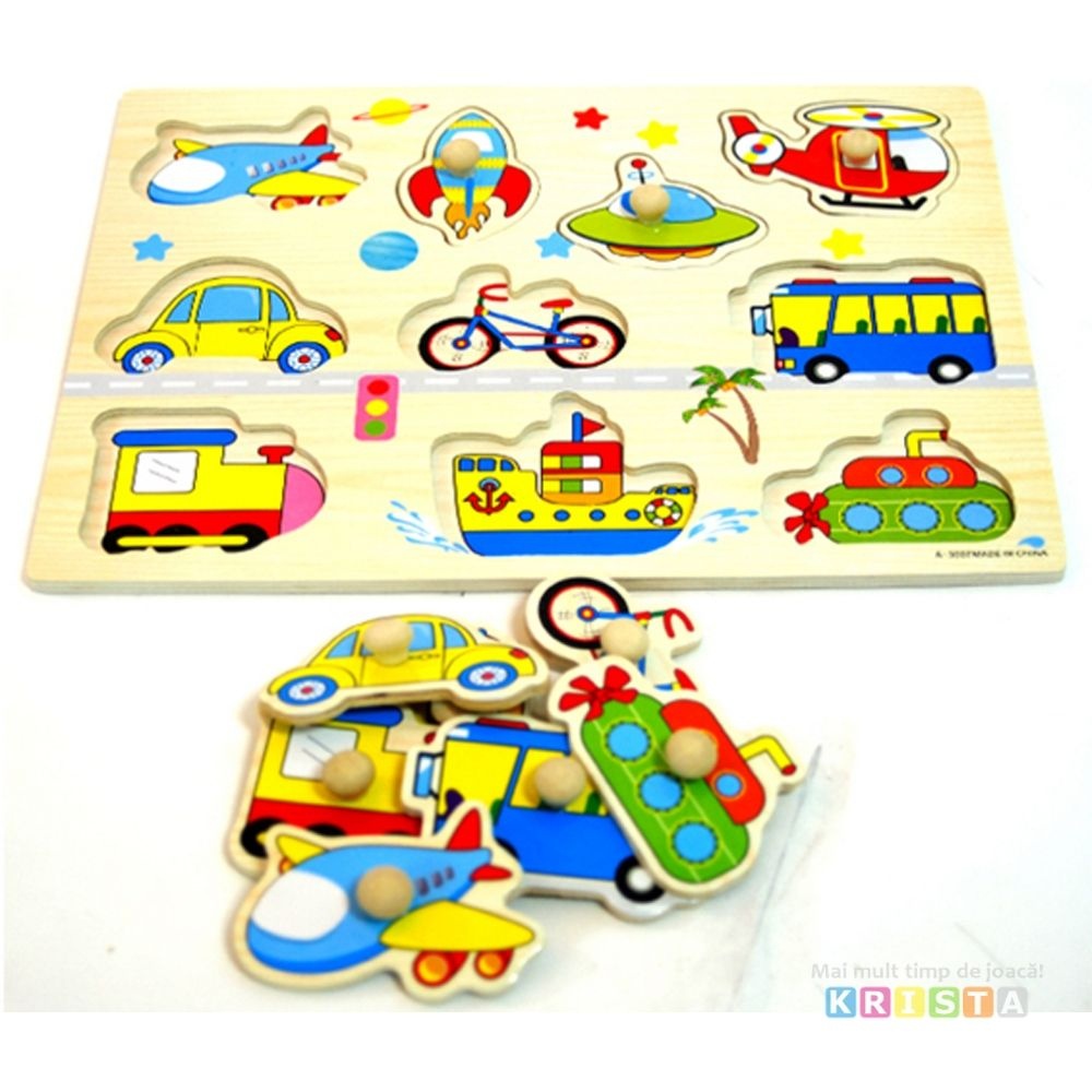 Puzzle Incastru Din Lemn Cu Vehicule Cu Buton Si Imagini - 1 | YEO