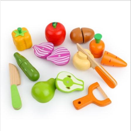 Set Montessori 12 Piese, Tavita cu legume si fructe de taiat, din lemn - 1 | YEO