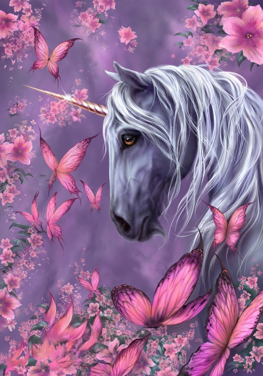 Tablou GM141 Unicorn printre fluturi, Pictura cu Diamante, Goblen cu pietre 5D, cu rama de lemn, 40 x 50 cm