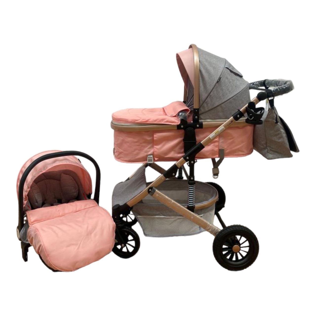 Carucior 3 in 1, reversibil, cu suspensii, reversibil, compact, T2 New, roz cu gri