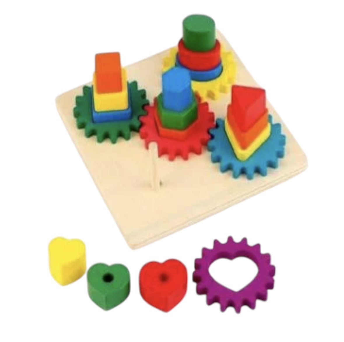 Joc Educativ Montessori 5 Coloane cu Forme Geometrice si Sistem de Roti Zimtate, Multicolor