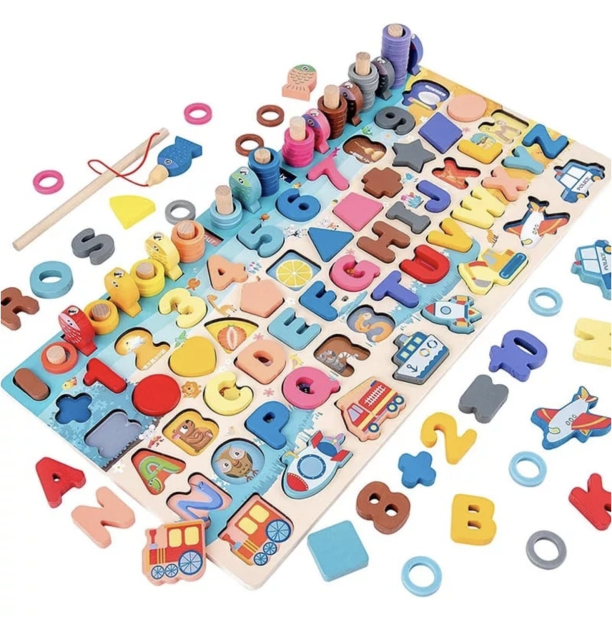 Joc Logarithmic Montessori 8 in 1, cu cifre, litere forme si vehicule, din lemn
