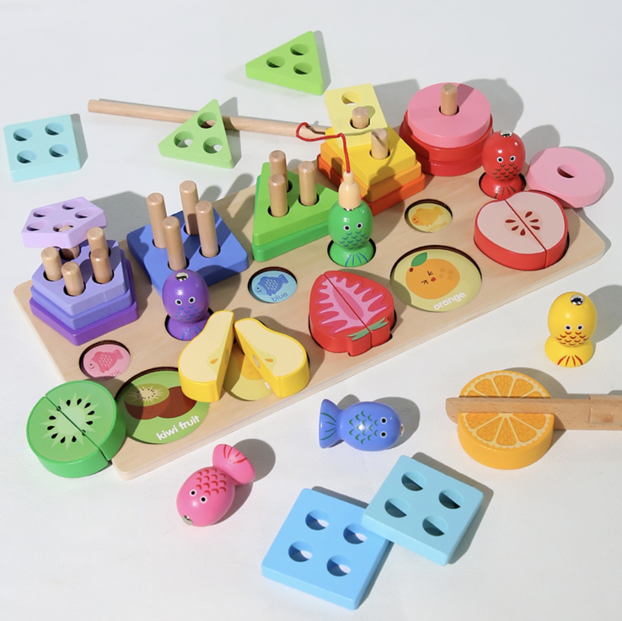 Joc Montessori multifunctional de pescuit, coloane sortatoare si fructe de feliat - 2 | YEO