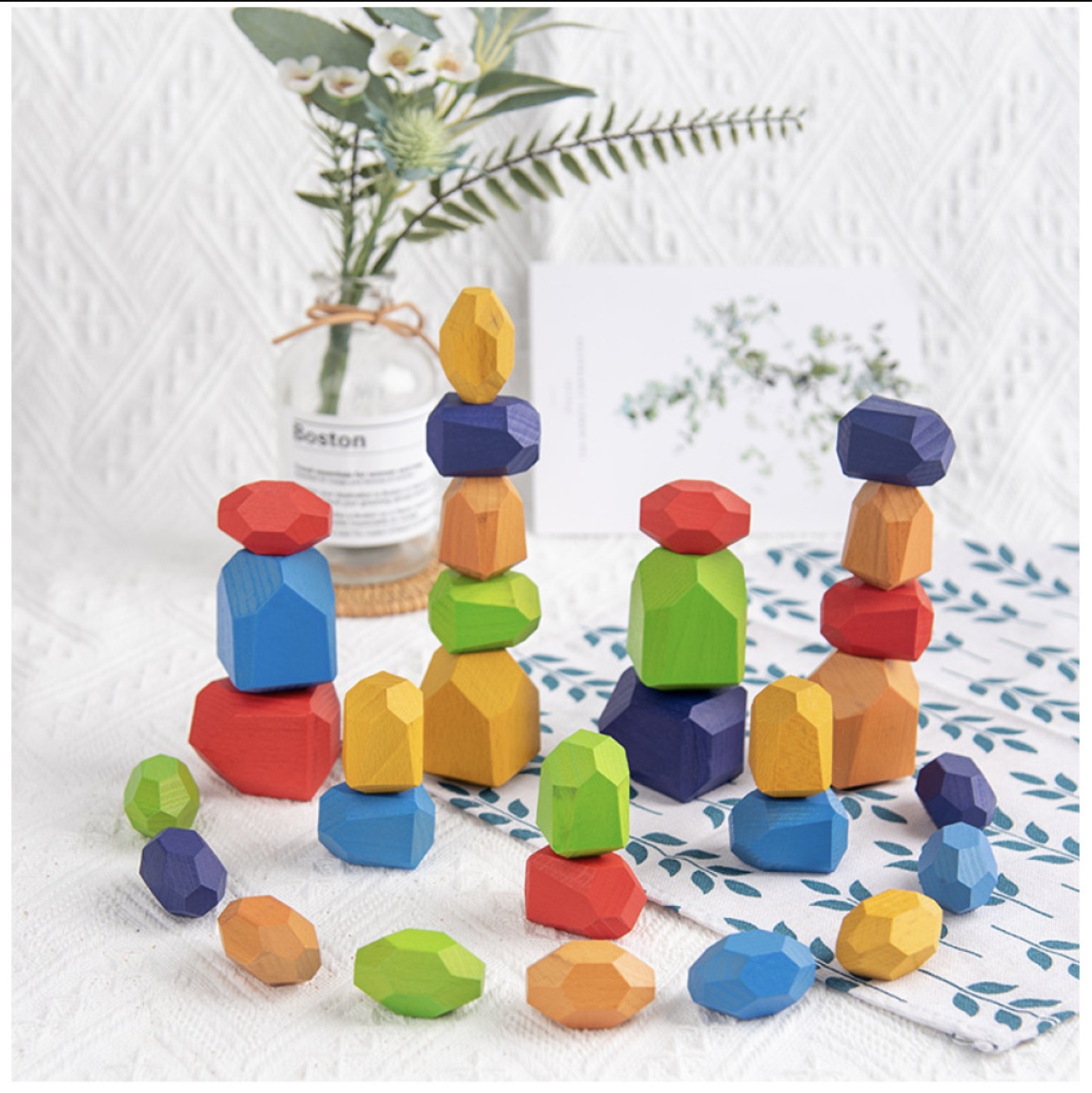 Joc Montessori Pietre colorate cu fatete pentru construit, din lemn, 36 piese - 3 | YEO