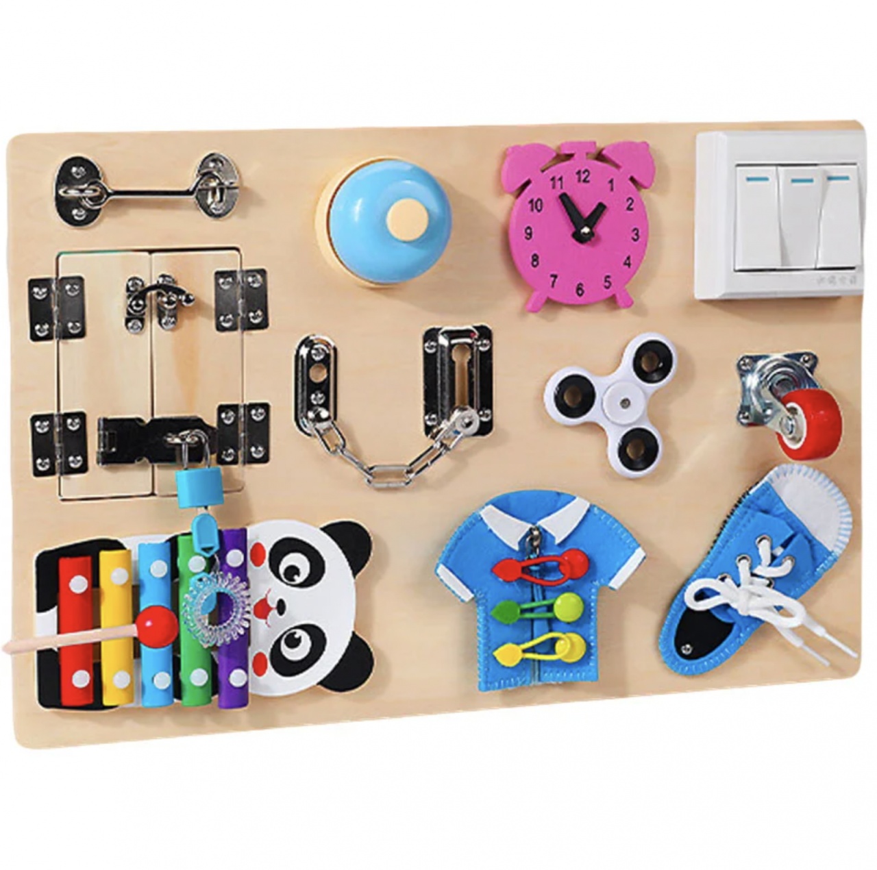 Joc Montessori Placa Busy Board cu 11 Activități, Panda, din lemn