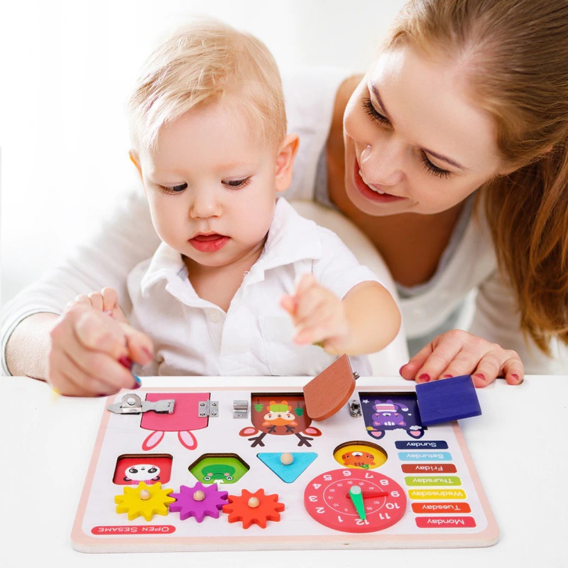 Joc Montessori Placa cu 6 activitati Tine-l Ocupat si Invata-l, din lemn - 1 | YEO