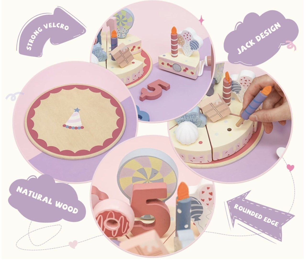 Jucarie lemn Tort aniversar Montessori, cu 24 accesorii, din lemn, roz - 2 | YEO