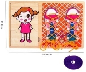 Jucarie Montessori 2 in 1, Puzzle fetita si Invata Sa Legi Sireturile, roz - 1 | YEO