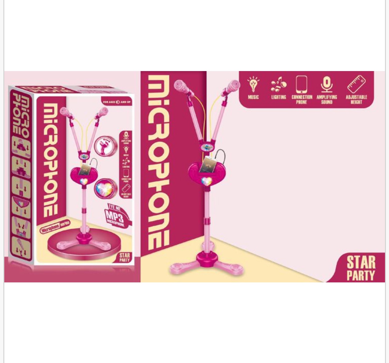 Microfon dublu cu stativ si suport, roz - 2 | YEO