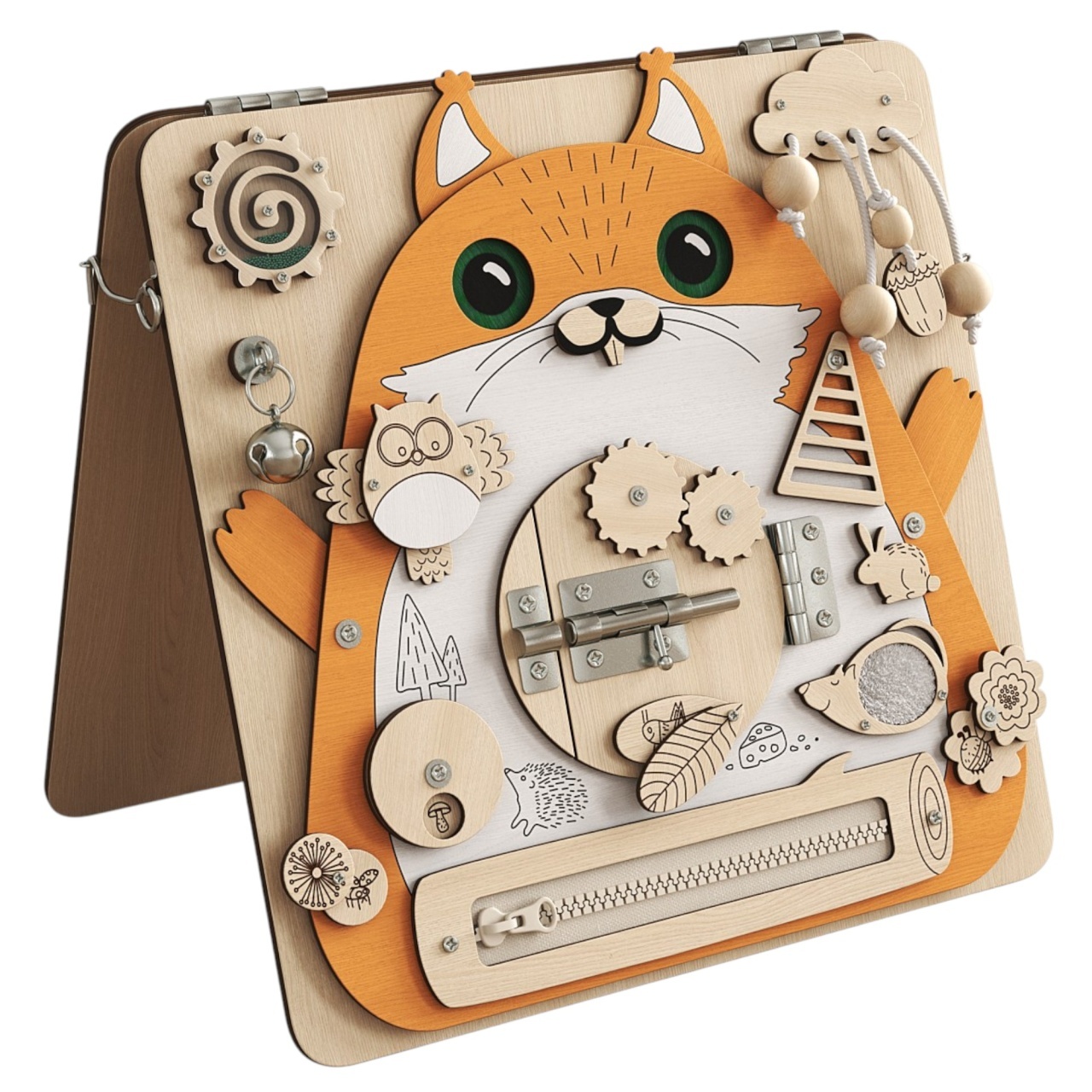Placa Montessori Busy Board 17 activitati Veverita, din lemn