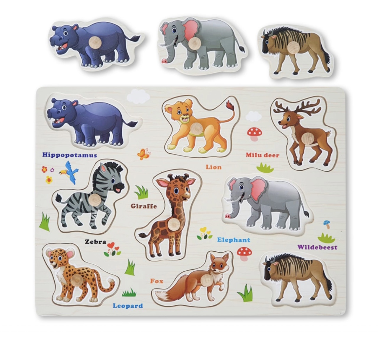 Puzzle Incastru Cu Animale Salbatice Cu Buton Si Imagini, Din Lemn