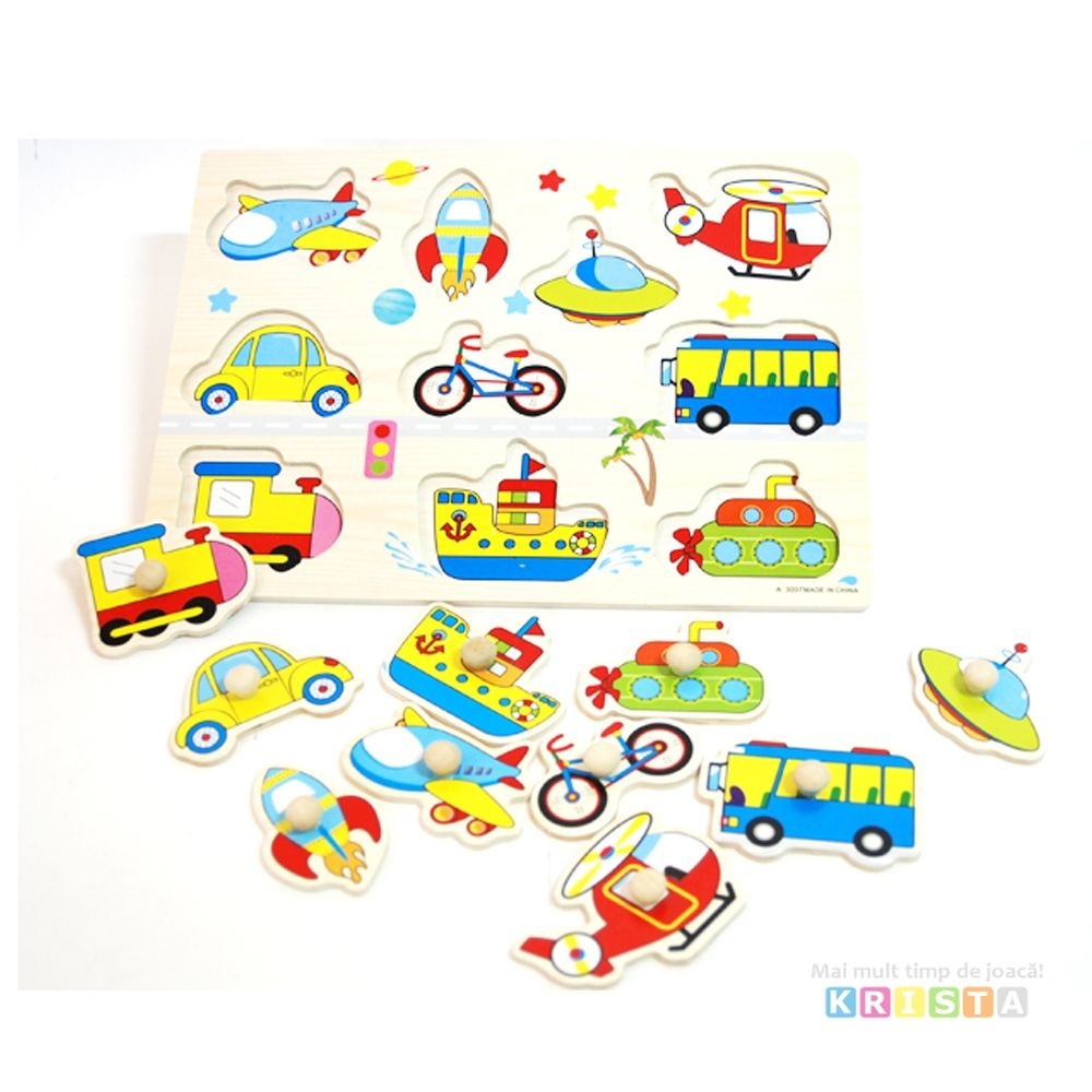 Puzzle Incastru Din Lemn Cu Vehicule Cu Buton Si Imagini