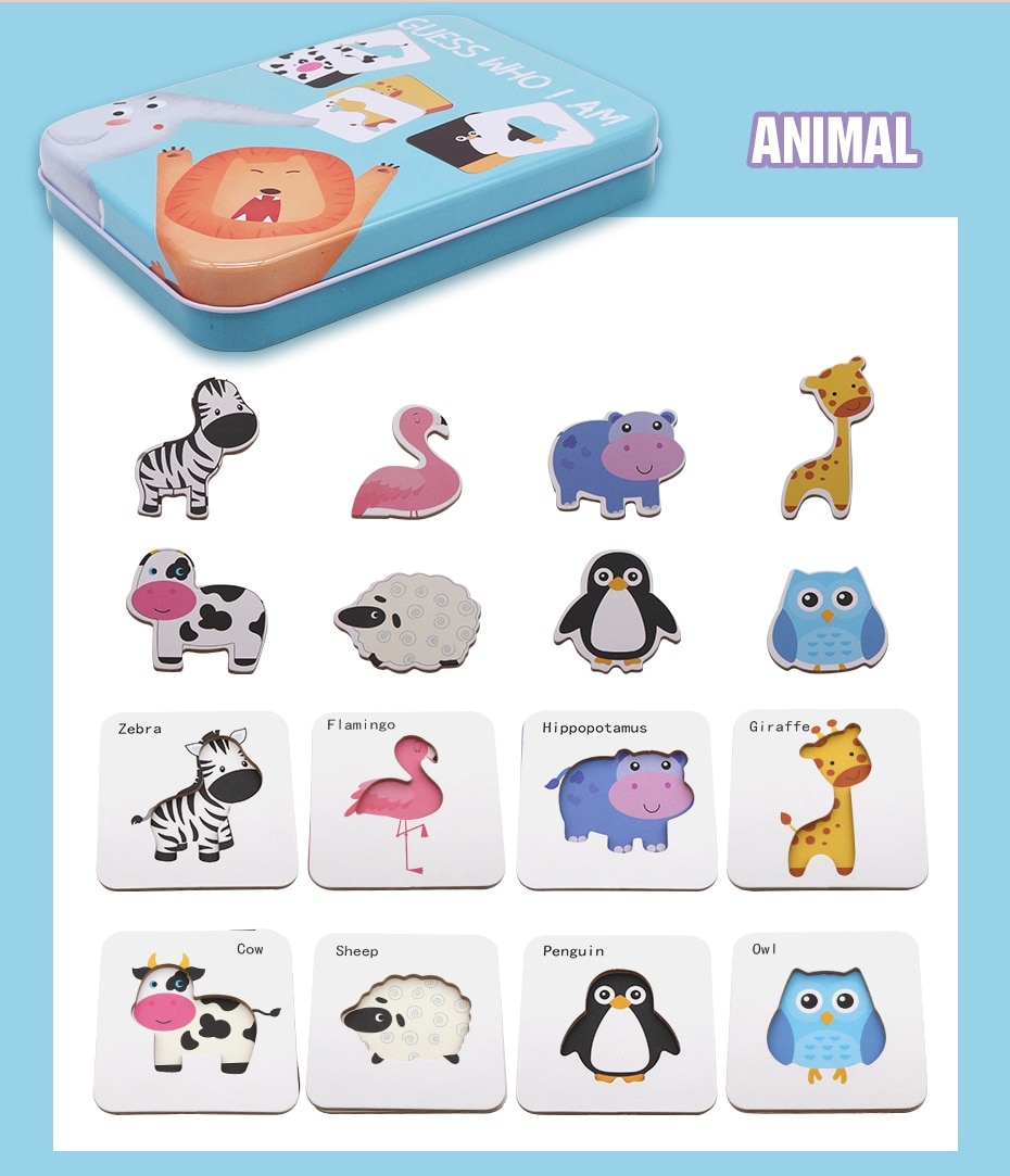 Puzzle si sabloane Animalele salbatice - Ghici cine sunt?, in cutie metalica