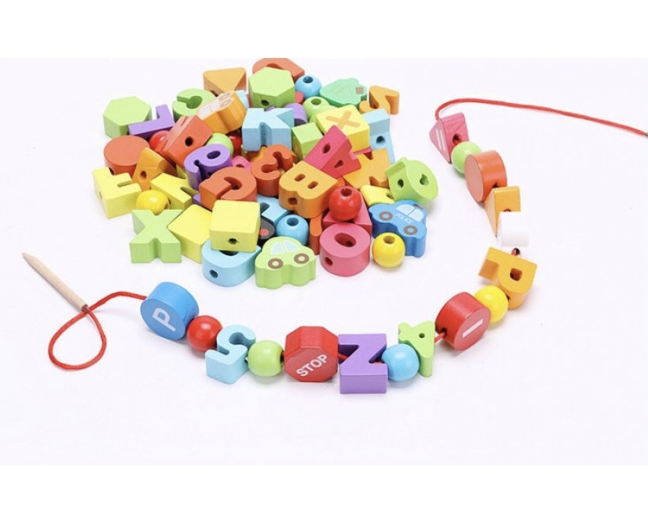 Set 75 piese de snuruit, cu litere, cifre, forme si vehicule, din lemn - 1 | YEO