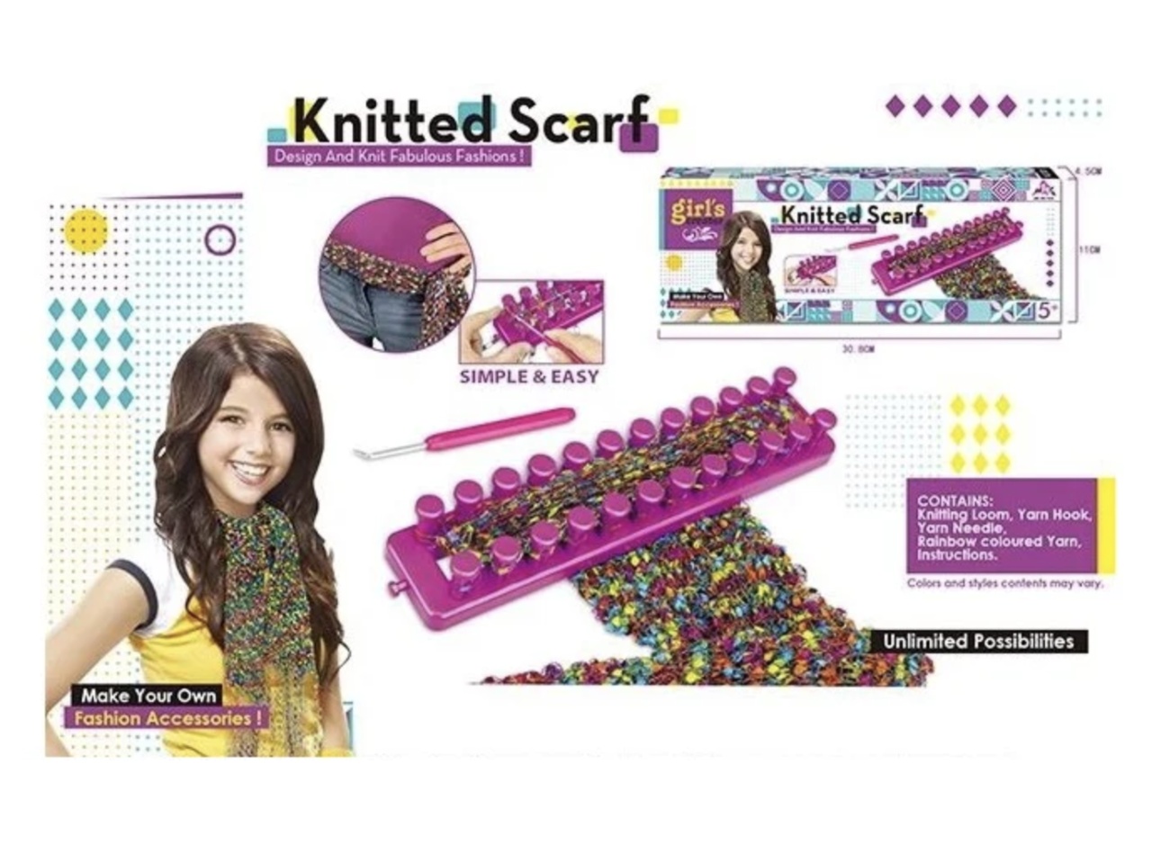 Set creatie de tricotat, cu aparat gherghef cu 2 randuri, esarfa multicolora - 1 | YEO