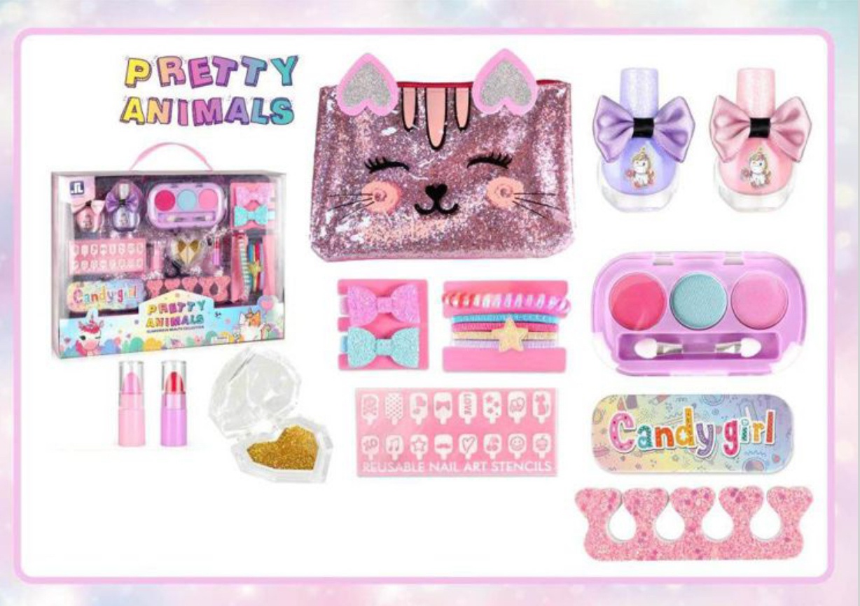 Set machiaj, manichiura unghii si accesorii de par cu portfard, Pretty Animals