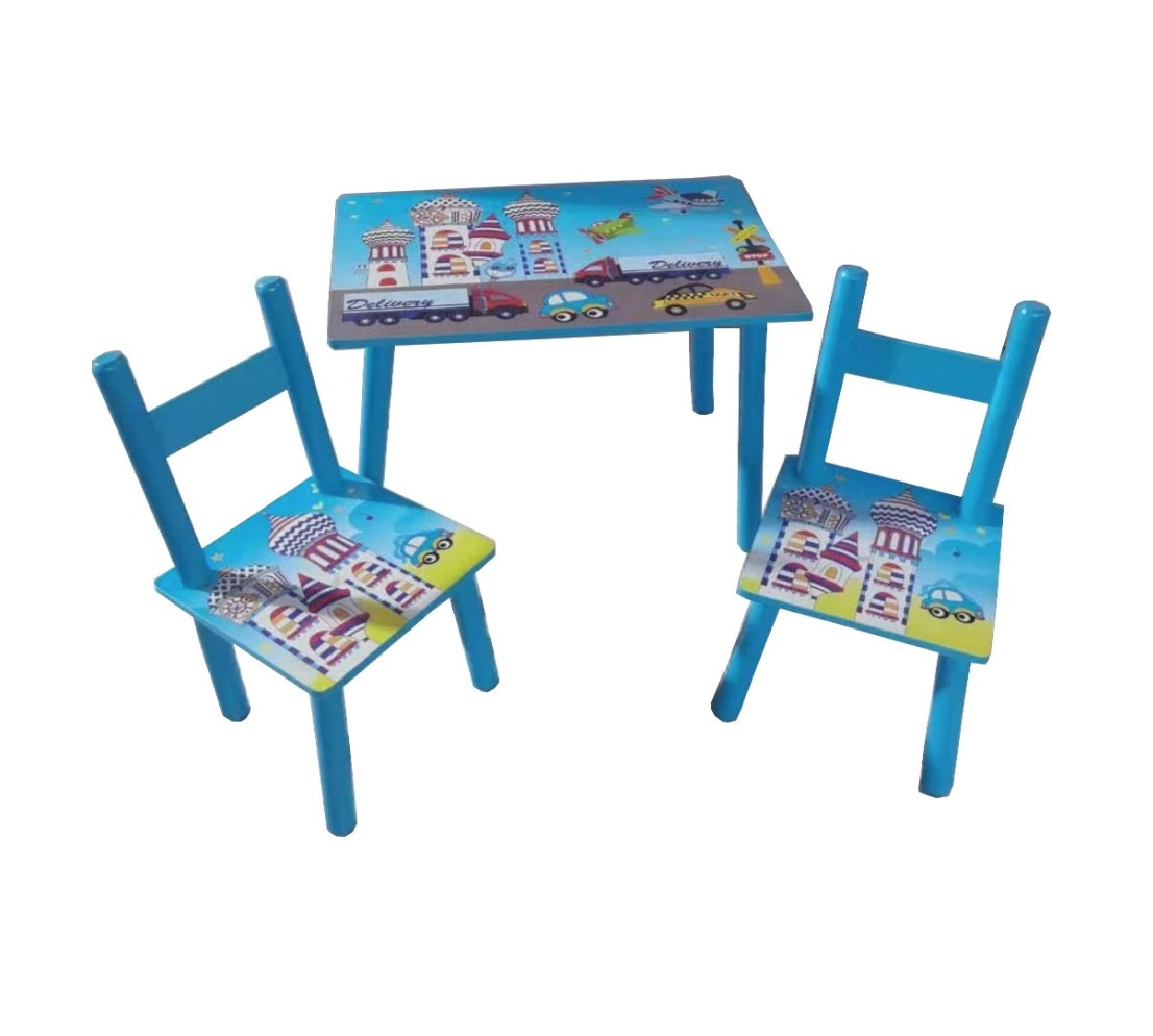 Set masuta cu doua scaune pentru copii, din MDF, albastru, 59x39x40 cm - 2 | YEO