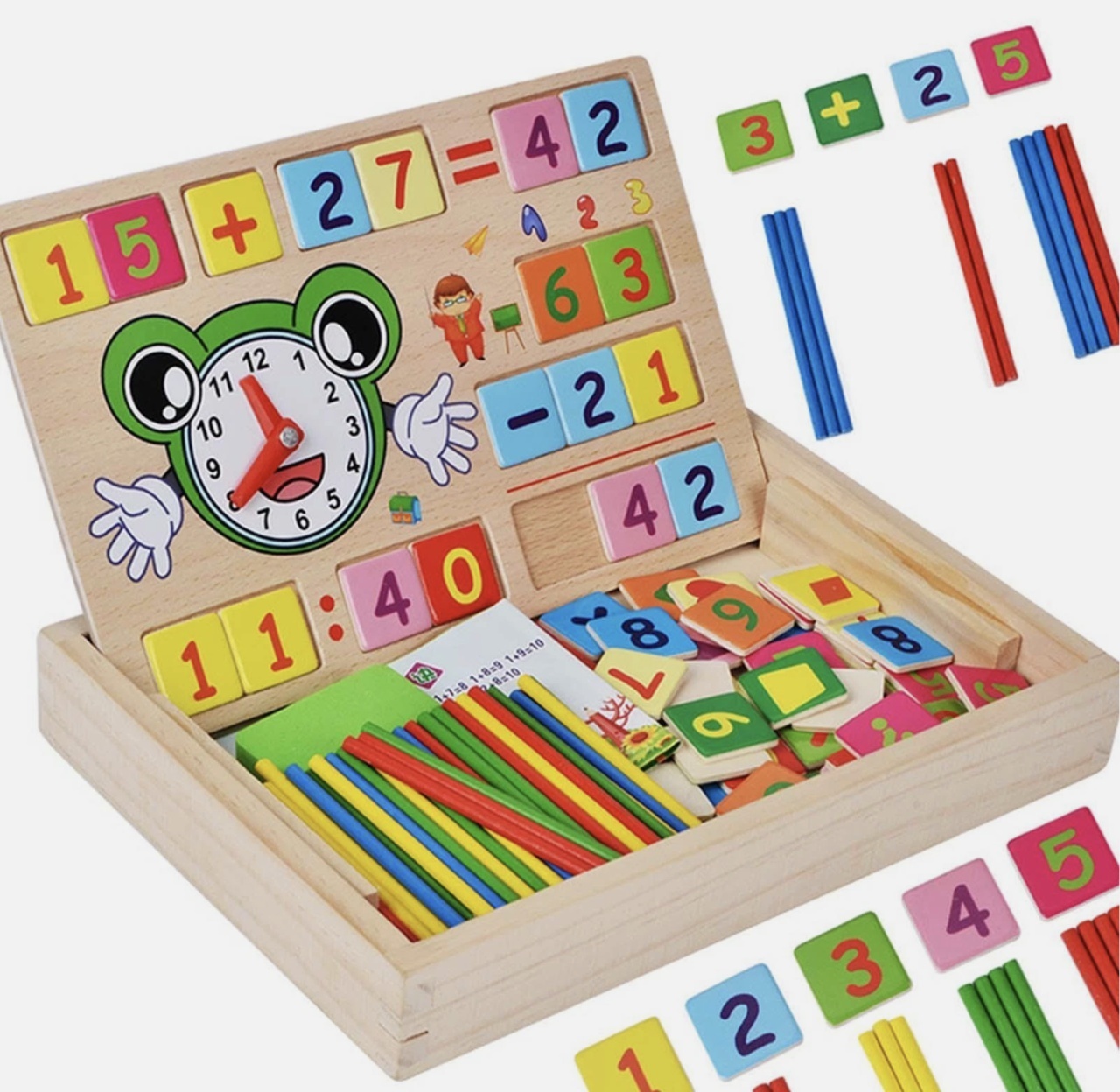 Tabla Montessori Multifunctionala de invatare a operatiilor matematice cu Ceas Broscuta, din lemn