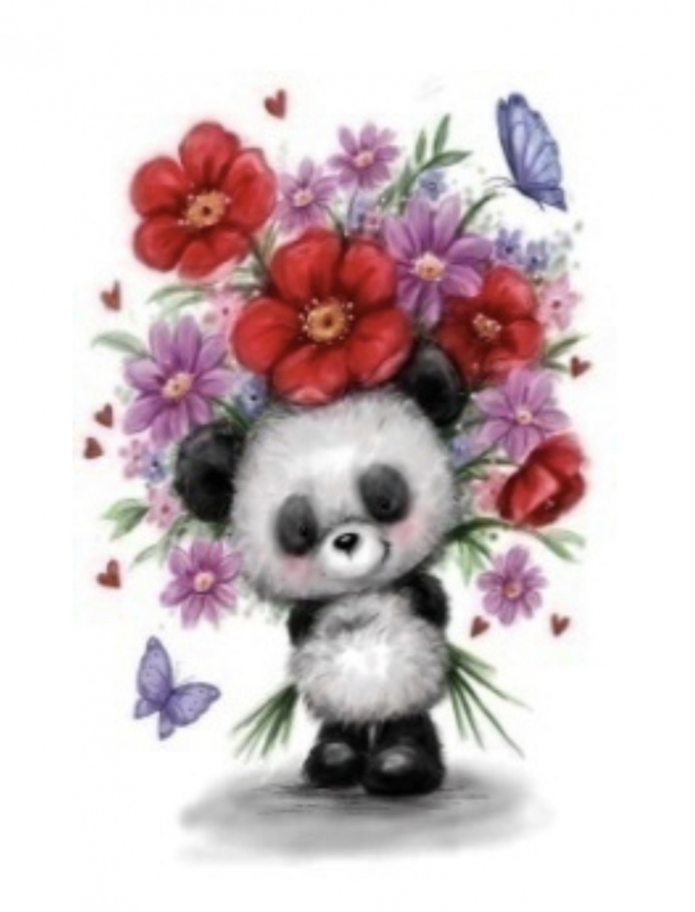Tablou GM215, Panda cu flori, cu rama de lemn, Pictura cu Diamante, Goblen cu pietre 5D, 20 x 30 cm