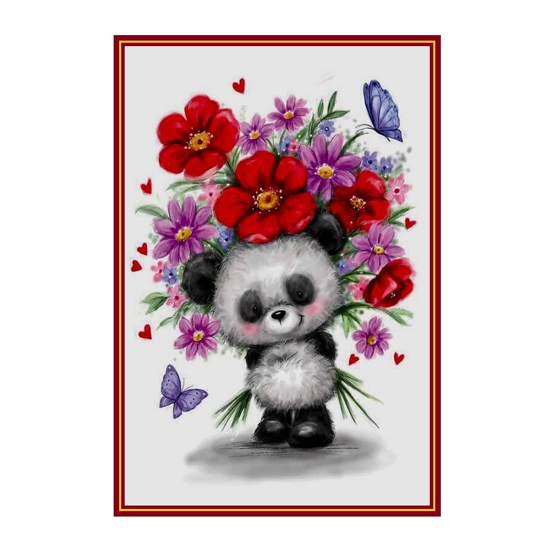Tablou GM215, Panda cu flori, cu rama de lemn, Pictura cu Diamante, Goblen cu pietre 5D, 20 x 30 cm - 1 | YEO
