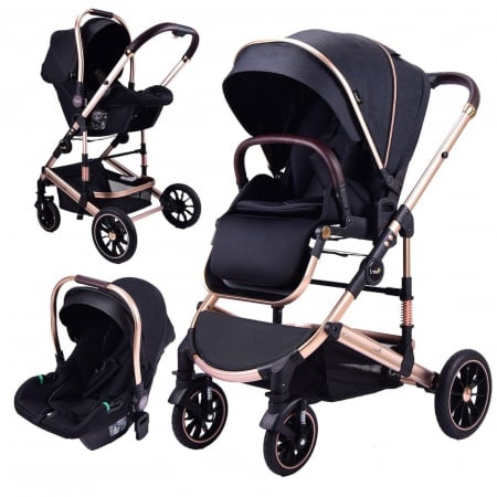 Carucior 3 in 1 transformabil, reversibil, pliabil, F6 Luxury Negru