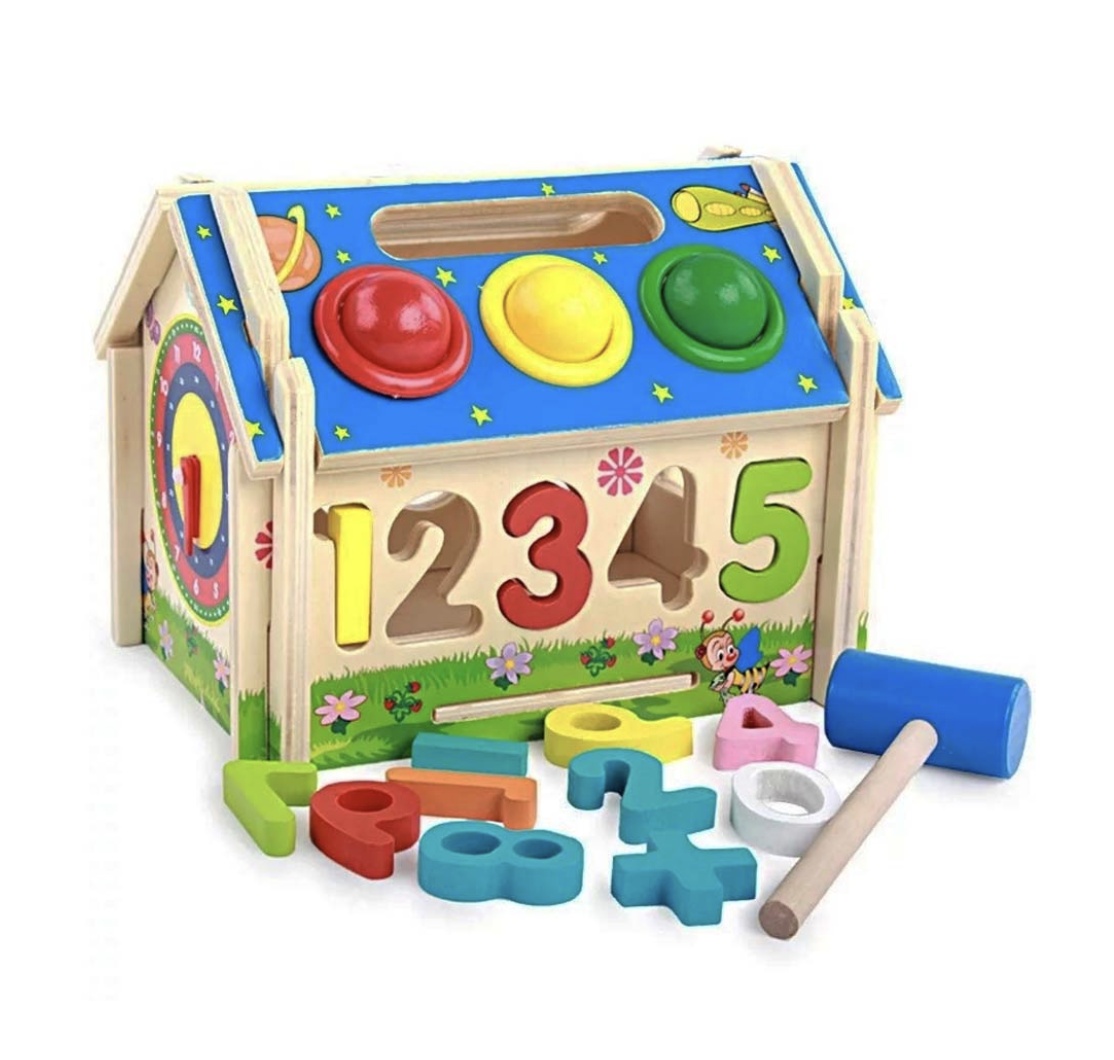 Casuta Multifunctionala 6 in 1 cu sortator de forme si bile, din lemn - 1 | YEO