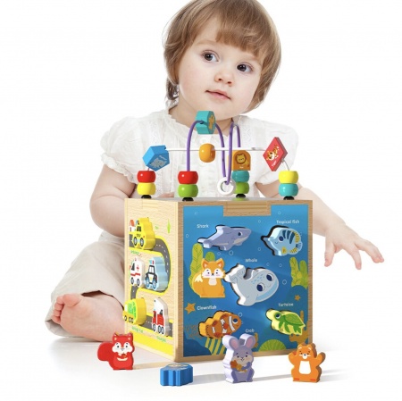 Cub Montessori cu activitati, 5 in 1, cu sortator de forme animale marine, din lemn - 1 | YEO