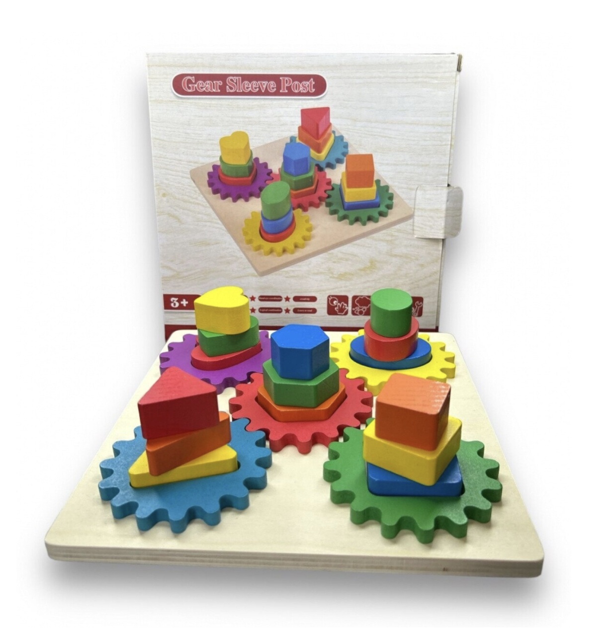 Joc Educativ Montessori 5 Coloane cu Forme Geometrice si Sistem de Roti Zimtate, Multicolor - 1 | YEO