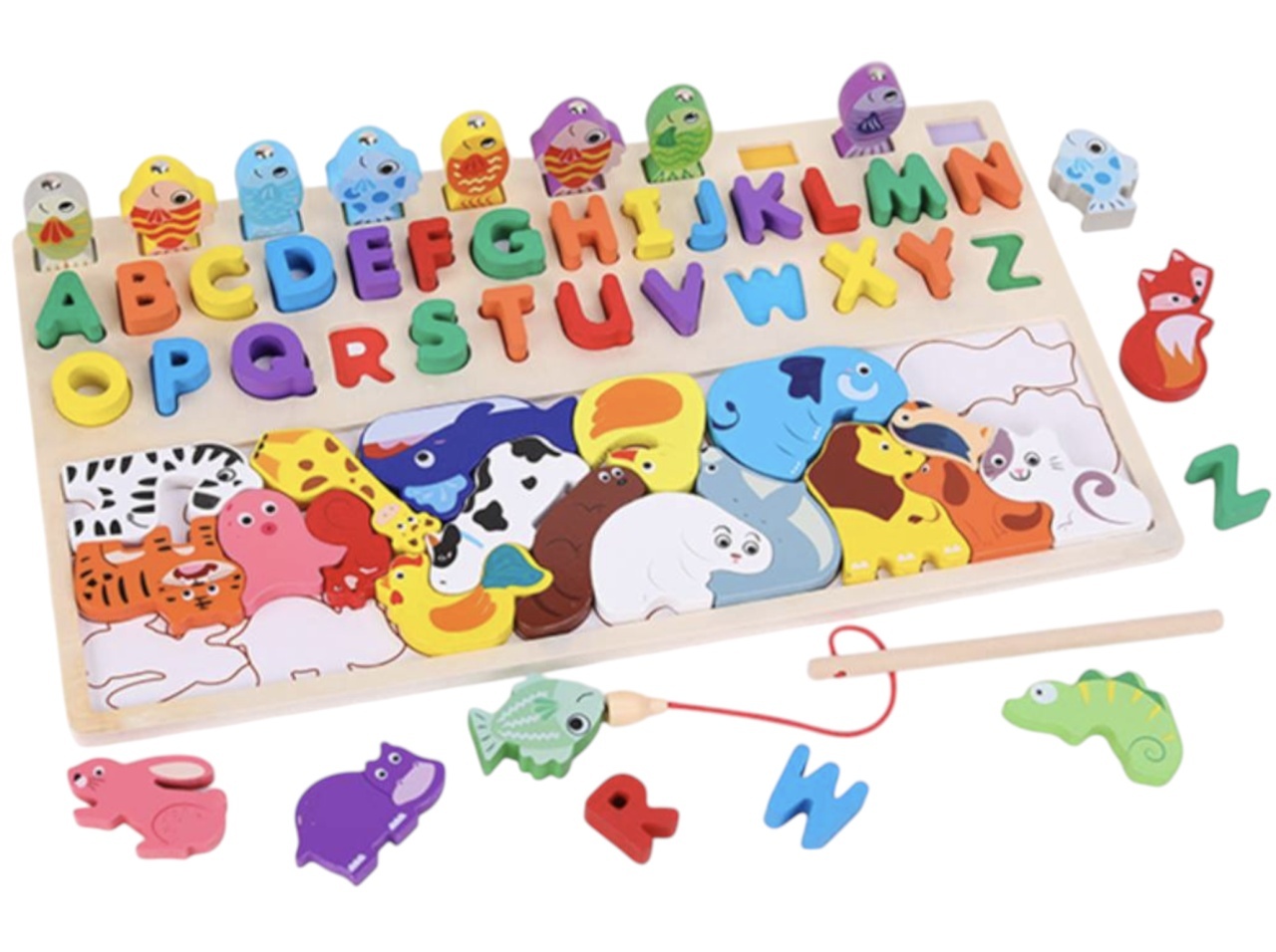 Joc Logarithmic Montessori 4 in 1, cu tetris cu Animale, joc de pescuit, litere, incastru, din lemn