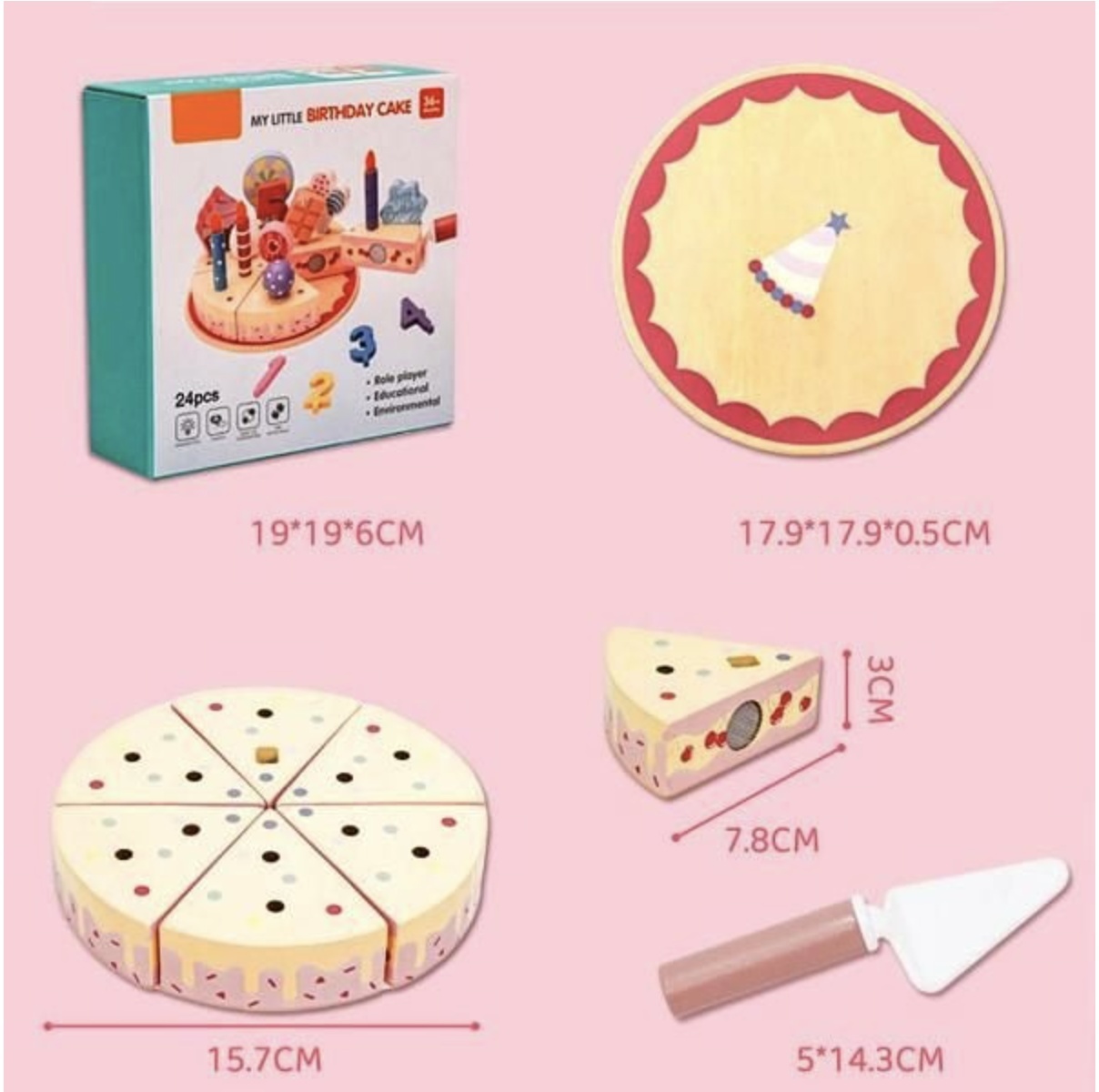 Jucarie lemn Tort aniversar Montessori, cu 24 accesorii, din lemn, roz - 3 | YEO