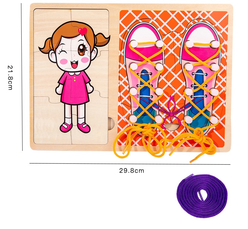 Jucarie Montessori 2 in 1, Puzzle fetita si Invata Sa Legi Sireturile, roz - 3 | YEO