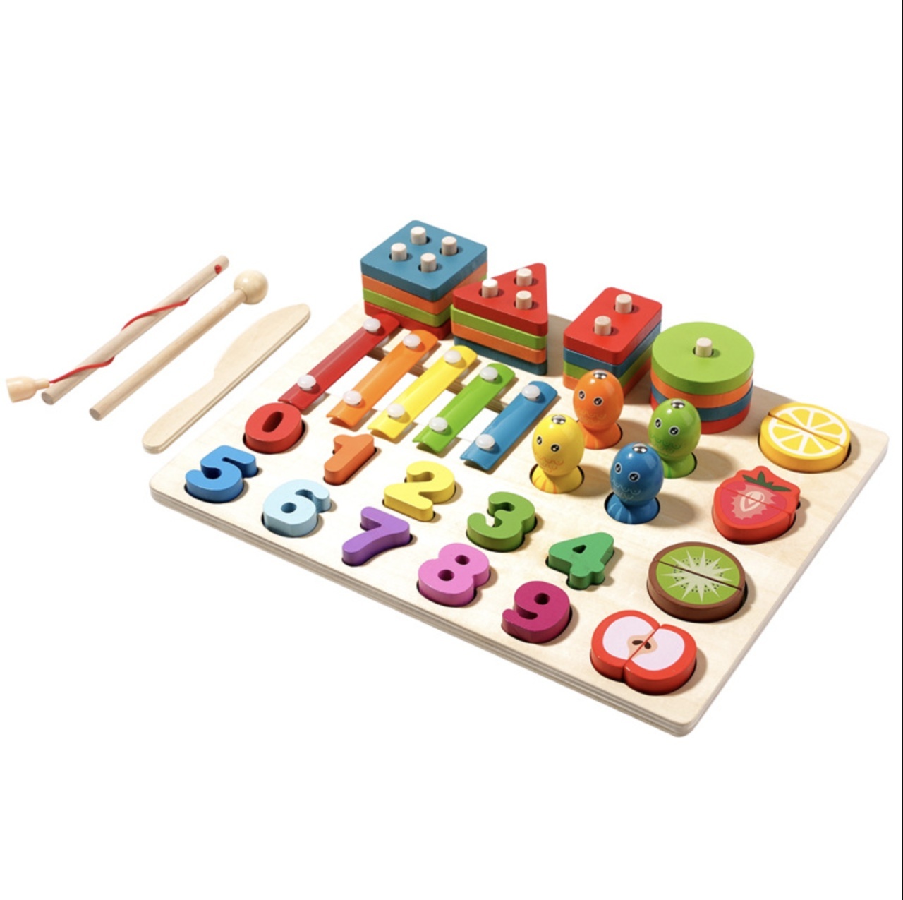Jucarie Montessori 4 in 1 – Xilofon, Coloane sortator, Joc pescuit si Cifre, din lemn