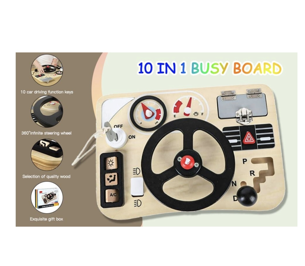Jucarie Montessori Busy Board 10 in 1, cu Volan negru, din lemn - 1 | YEO