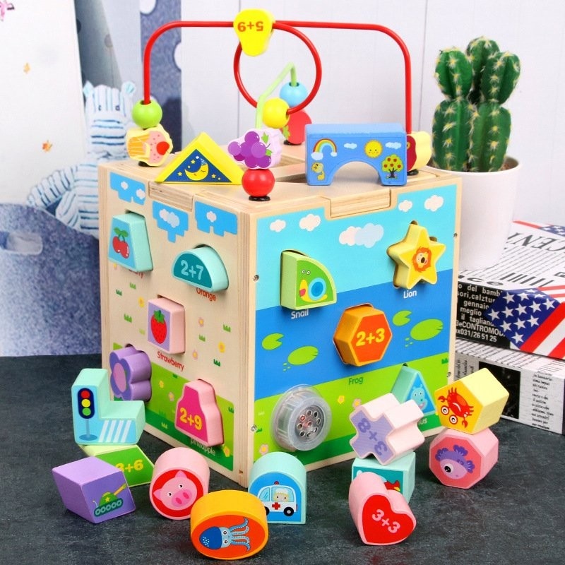 Jucarie Montessori Cub 5 in 1, cu fatete sortatoare de forme si circuit cu bile - 1 | YEO
