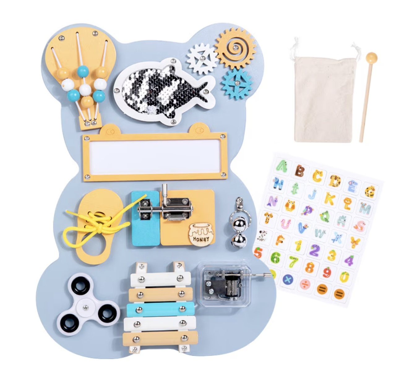 Placa Montessori Busy Board 10 activitati Ursuletul bleu, din lemn