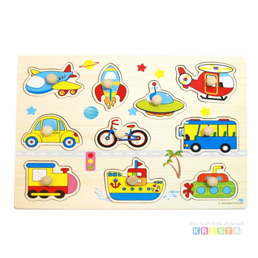 Puzzle Incastru Din Lemn Cu Vehicule Cu Buton Si Imagini - 2 | YEO