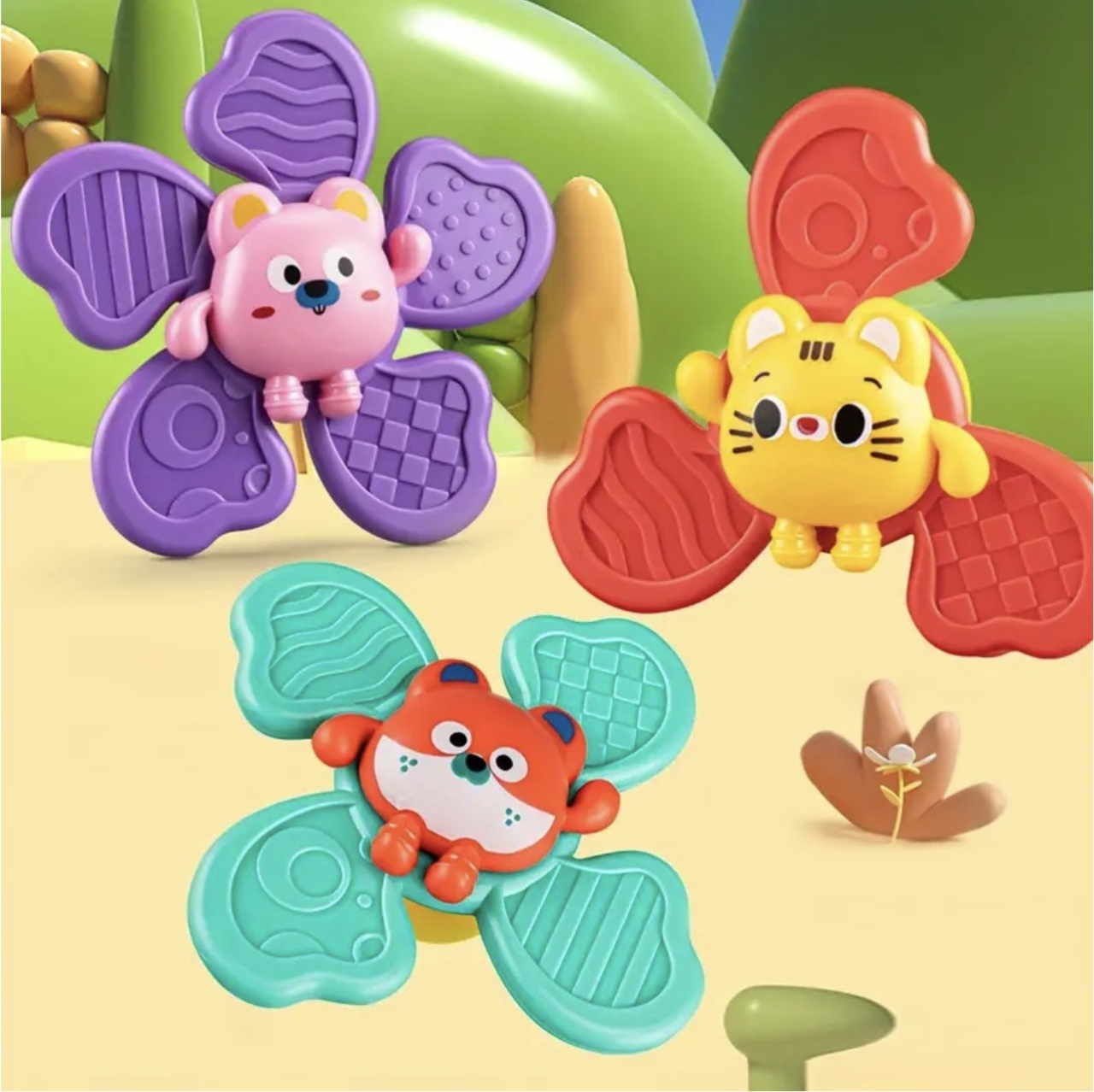 Set 3 jucarii senzoriale cu spinner si ventuza, Animalute, pentru bebelusi - 1 | YEO