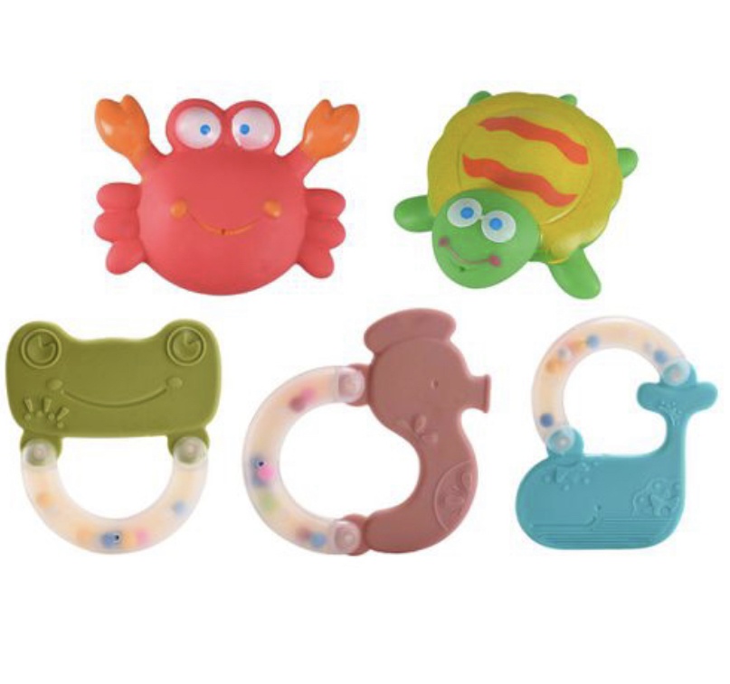 Set 5 jucarii zornaitoare Aqua cu suprafete moi siliconate pentru dentitia bebelusilor