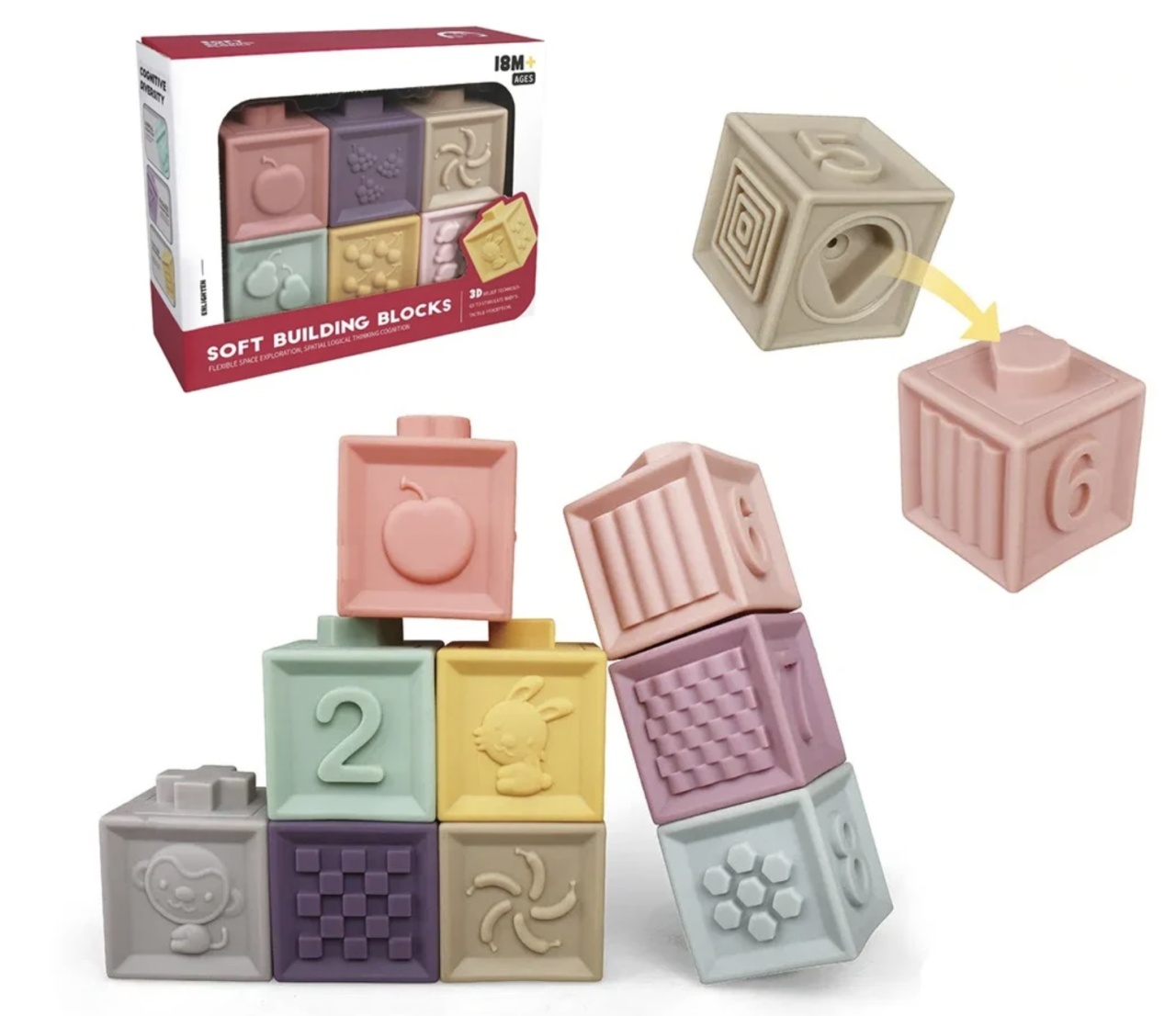 Set 6 cuburi silicon pentru bebelusi, texturate, interconectabile - 1 | YEO