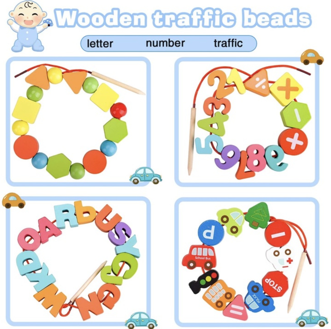 Set 75 piese de snuruit, cu litere, cifre, forme si vehicule, din lemn - 3 | YEO