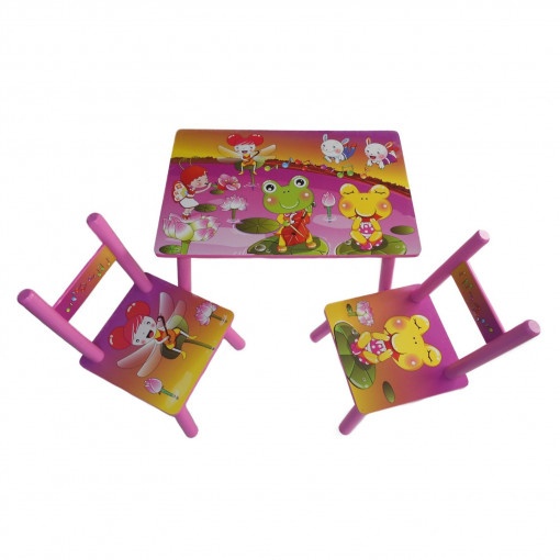 Set masuta cu doua scaune pentru copii, din MDF, roz, 59x39x40 cm - 2 | YEO