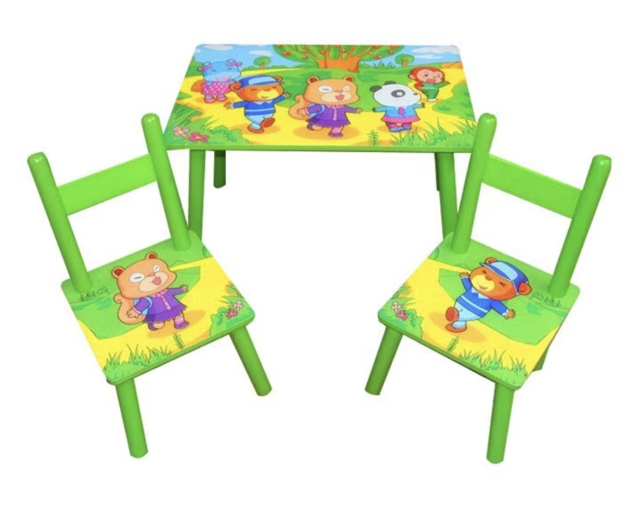 Set masuta cu doua scaune pentru copii, din MDF, verde, 59x39x40 cm